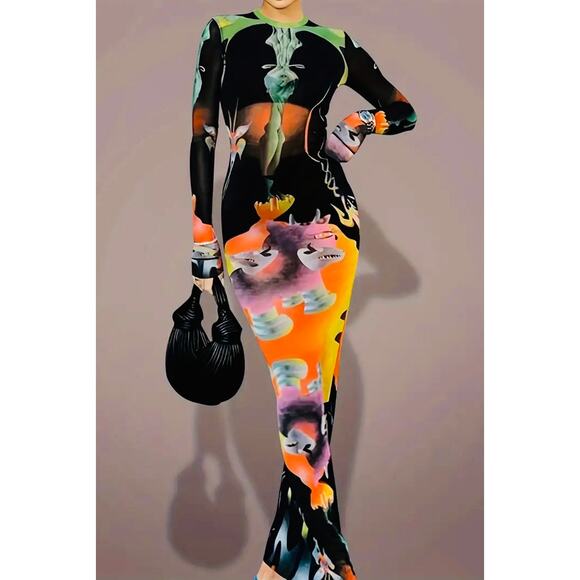 Vintage Style Long Sleeve Abstract Print Crew Neck Fashionable Dress, NWOT - Picture 5 of 6